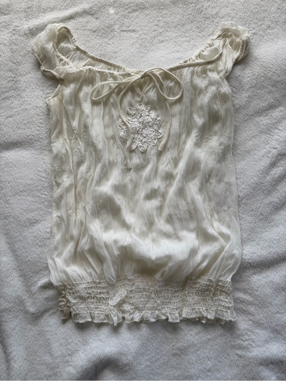 Cream Lightweight Smocked Blouse with Tie